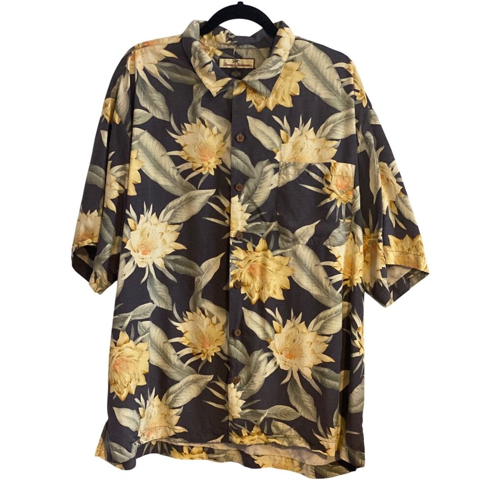 VTG Tommy Bahama Shirt SS Hawaiian Floral Yellow Green Black 100% Silk Men XL